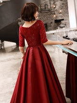 Stunning Evening Dresses Burgundy Half Sleeve Sequin Satin Floor Length Long Prom Gown-Ballbella