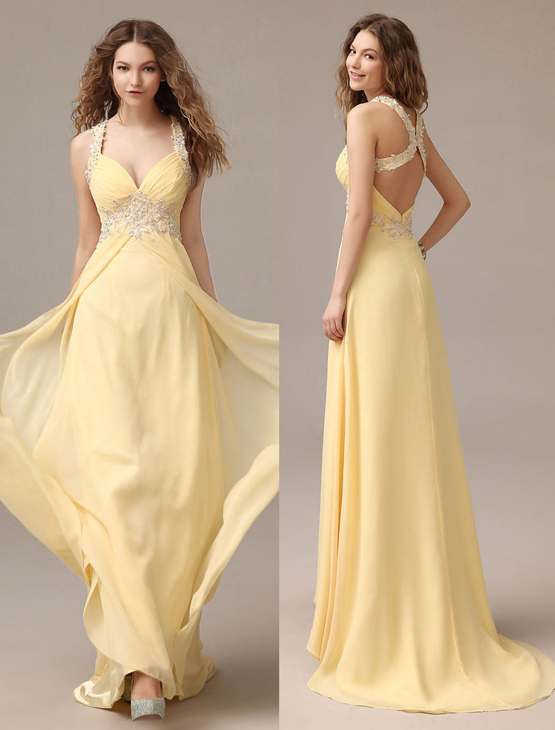 stunning evening dresses long chiffon daffodil applique beaded evening gown back design sleeveless formal party dresses with train evening