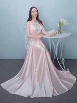 Stunning Evening Dresses Long Soft Pink Satin Evening Dress Halter Beading Pleated Floor Length Formal Party Dress-Ballbella