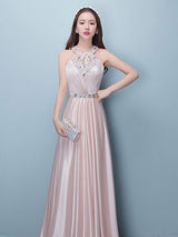 Stunning Evening Dresses Long Soft Pink Satin Evening Dress Halter Beading Pleated Floor Length Formal Party Dress-Ballbella