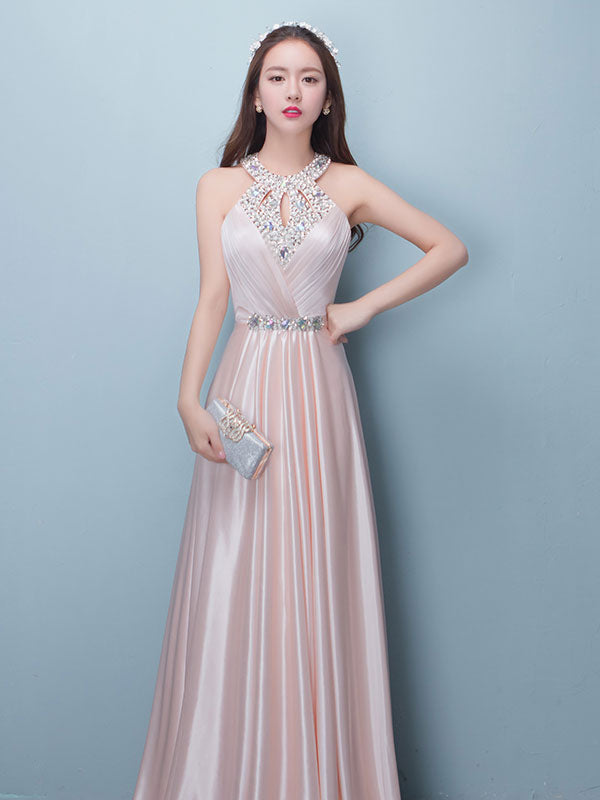 Stunning Evening Dresses Long Soft Pink Satin Evening Dress Halter Beading Pleated Floor Length Formal Party Dress-Ballbella