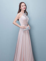 Stunning Evening Dresses Long Soft Pink Satin Evening Dress Halter Beading Pleated Floor Length Formal Party Dress-Ballbella