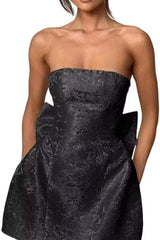 Stunning Sleeveless Ruched Satin Floral Jacquard Mini Homecoming Dress with Bow-Ballbella