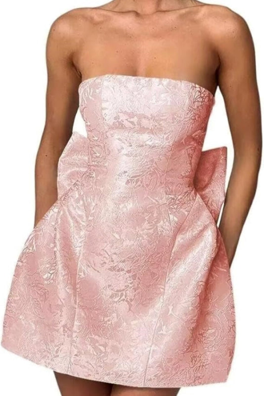 Stunning Sleeveless Ruched Satin Floral Jacquard Mini Homecoming Dress with Bow-Ballbella