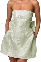 Stunning Sleeveless Ruched Satin Floral Jacquard Mini Homecoming Dress with Bow-Ballbella