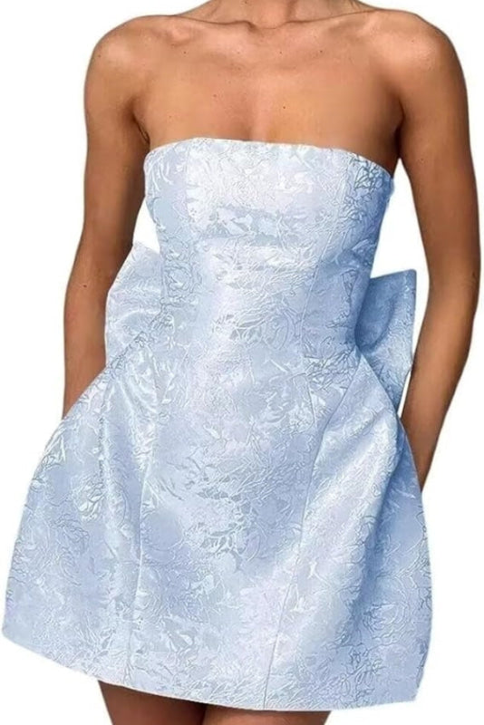 Stunning Sleeveless Ruched Satin Floral Jacquard Mini Homecoming Dress with Bow-Ballbella