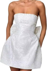 Stunning Sleeveless Ruched Satin Floral Jacquard Mini Homecoming Dress with Bow-Ballbella