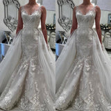 Stunning V Neck Sleeveless Ruffless Lace Appliques Wedding Bridal Gowns-Ballbella