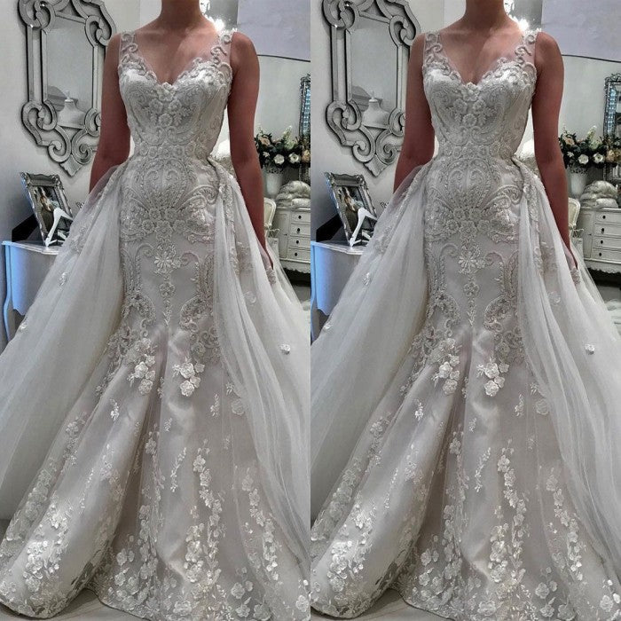 Stunning V Neck Sleeveless Ruffless Lace Appliques Wedding Bridal Gowns-Ballbella