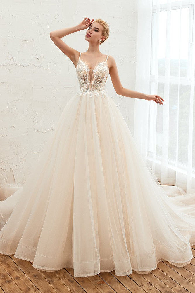 Summber Beach Spaghetti Straps Ivory Ball Gown Wedding Dress Online-Ballbella