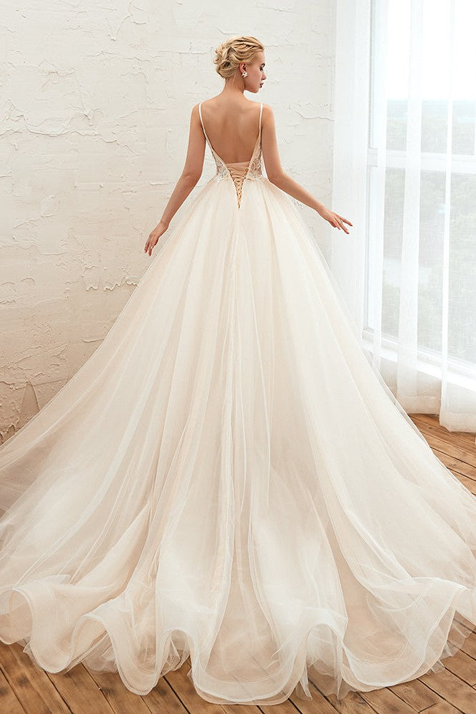 Summber Beach Spaghetti Straps Ivory Ball Gown Wedding Dress Online-Ballbella