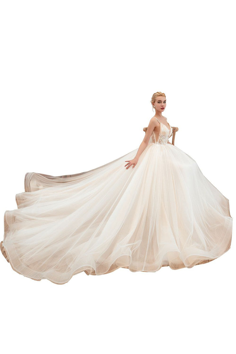 Summber Beach Spaghetti Straps Ivory Ball Gown Wedding Dress Online-Ballbella