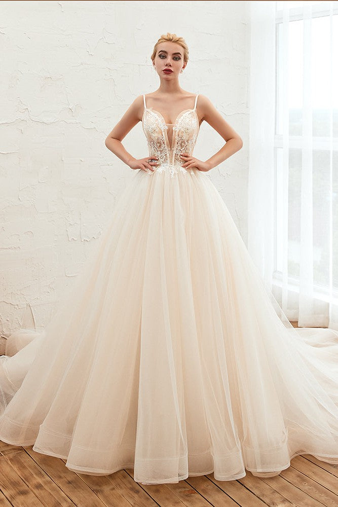 Summber Beach Spaghetti Straps Ivory Ball Gown Wedding Dress Online-Ballbella