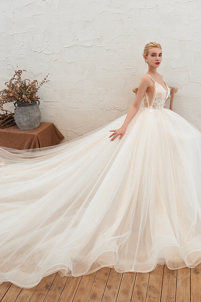 Summber Beach Spaghetti Straps Ivory Ball Gown Wedding Dress Online-Ballbella