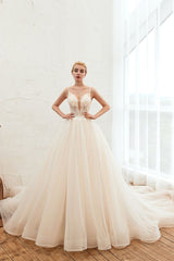 Summber Beach Spaghetti Straps Ivory Ball Gown Wedding Dress Online-Ballbella