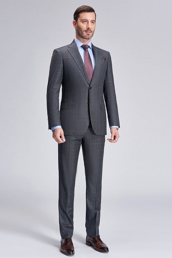 Ballbella made this Superior Checked Notch Lapel Two Buttons Dark Grey Suits for Business Men with rush order service. Discover the design of this Grey Plaid Single Breasted Notched Lapel mens suits cheap for prom, wedding or formal business occasion.