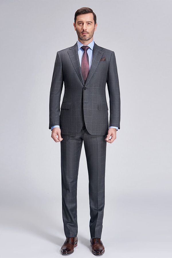 Ballbella made this Superior Checked Notch Lapel Two Buttons Dark Grey Suits for Business Men with rush order service. Discover the design of this Grey Plaid Single Breasted Notched Lapel mens suits cheap for prom, wedding or formal business occasion.