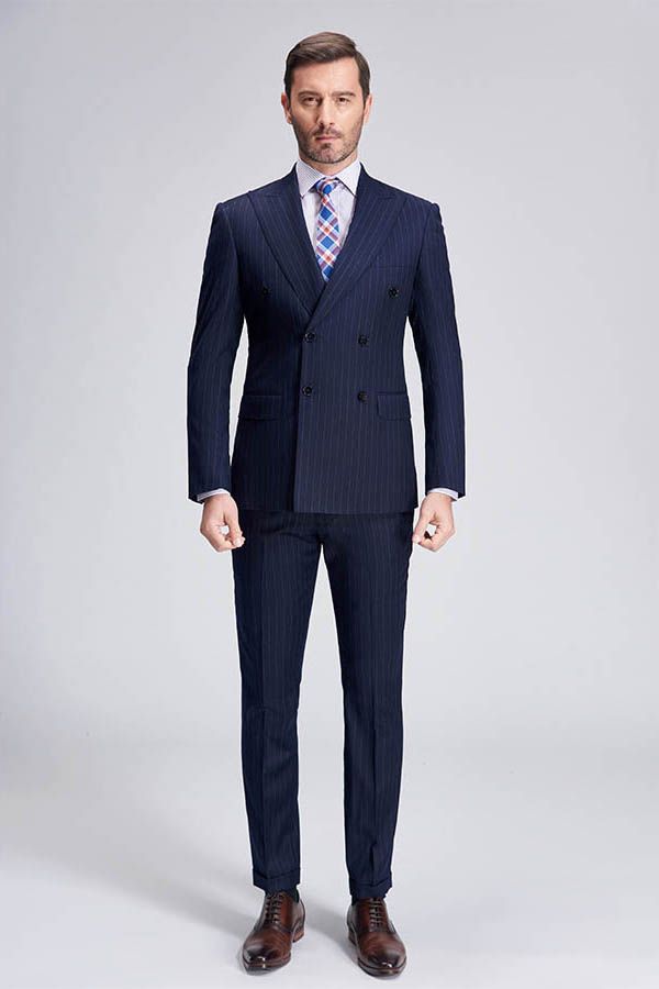 This Superior Peak Lapel Double Breasted Mens Suits, Pinstripe Dark Navy Suits for Men Formal at Ballbella comes in all sizes for prom, wedding and business. Shop an amazing selection of Peaked Lapel Double Breasted Dark Navy mens suits in cheap price.