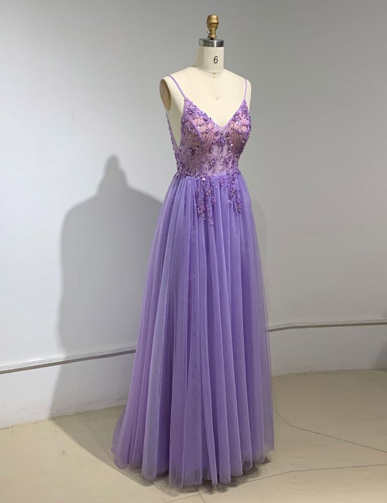 Vampal Purple Prom Dresses Gown Beaded Crystal Long V Neck Spaghetti Strap EV