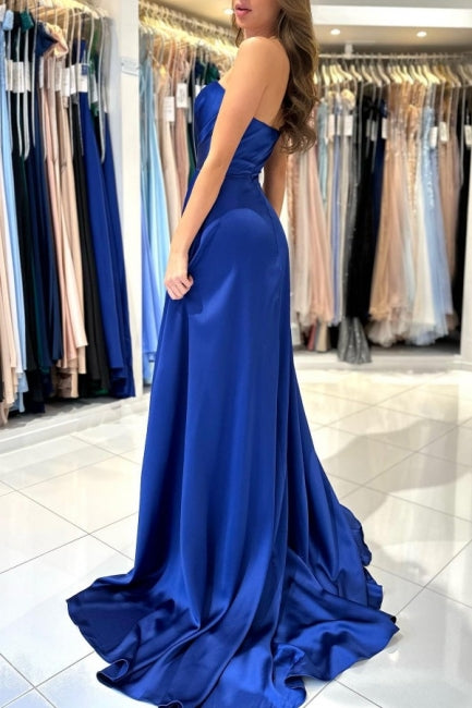 Sweetheart Fabulous Long Royal Blue Sleeveless Prom Dresses With Split Online-Ballbella