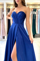 Sweetheart Fabulous Long Royal Blue Sleeveless Prom Dresses With Split Online-Ballbella