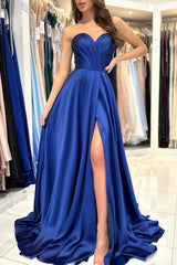 Sweetheart Fabulous Long Royal Blue Sleeveless Prom Dresses With Split Online-Ballbella