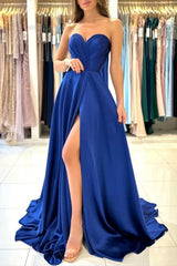 Sweetheart Fabulous Long Royal Blue Sleeveless Prom Dresses With Split Online-Ballbella