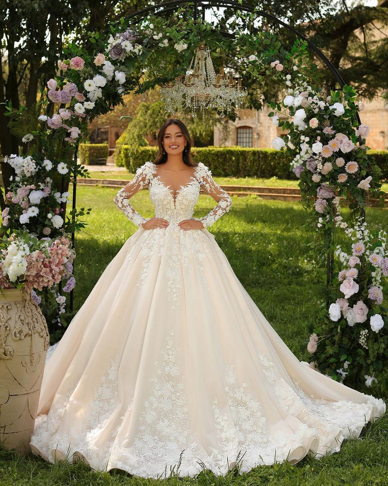 Sweetheart Long Ivory Princess Long Sleeves Appliques Bridal Wear Long-Ballbella