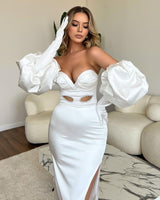 Sweetheart Long White Mermaid Split Front Sexy Prom Dress With Sleeves