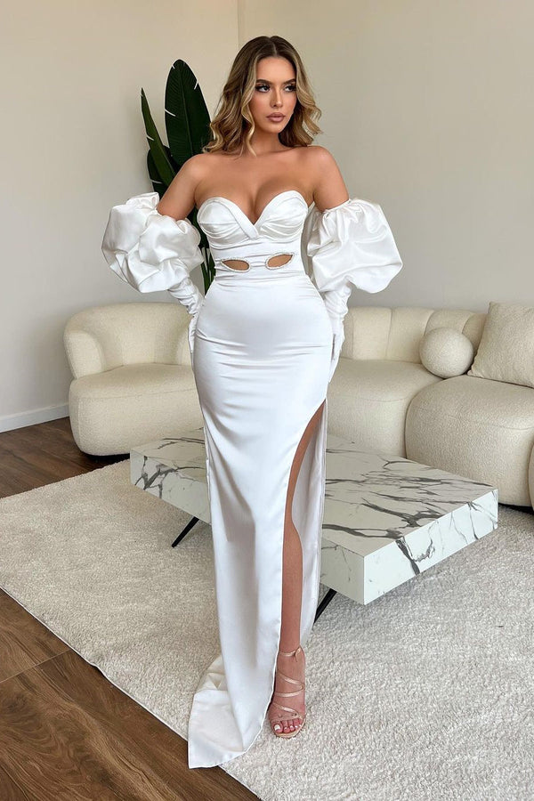 Sweetheart Long White Mermaid Split Front Fashion Prom Dress With Sleeves-Ballbella