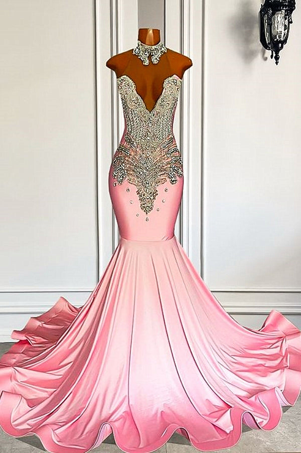 Sweetheart Silver Beaded Pink Mermaid Satin Prom Dresses-Ballbella