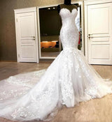 Sweetheart White Illusion neck Mermaid Beaded Lace Wedding Dress-Ballbella