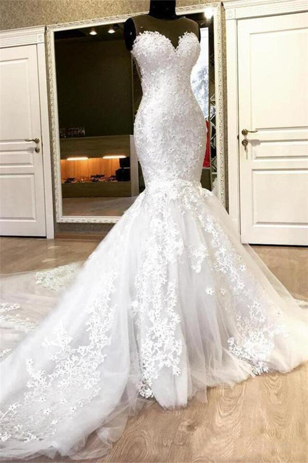 Sweetheart White Illusion neck Mermaid Beaded Lace Wedding Dress-Ballbella