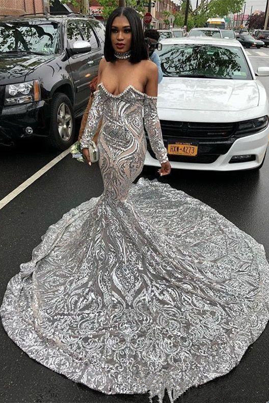 Trendy Long Sleeves Sweetheart Silver Sequined Luxurious Prom Party GownsNew Arrival-Ballbella