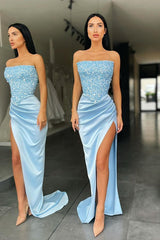 Trendy Sky blue Strapless Sequin Top High split Prom Dress-Ballbella