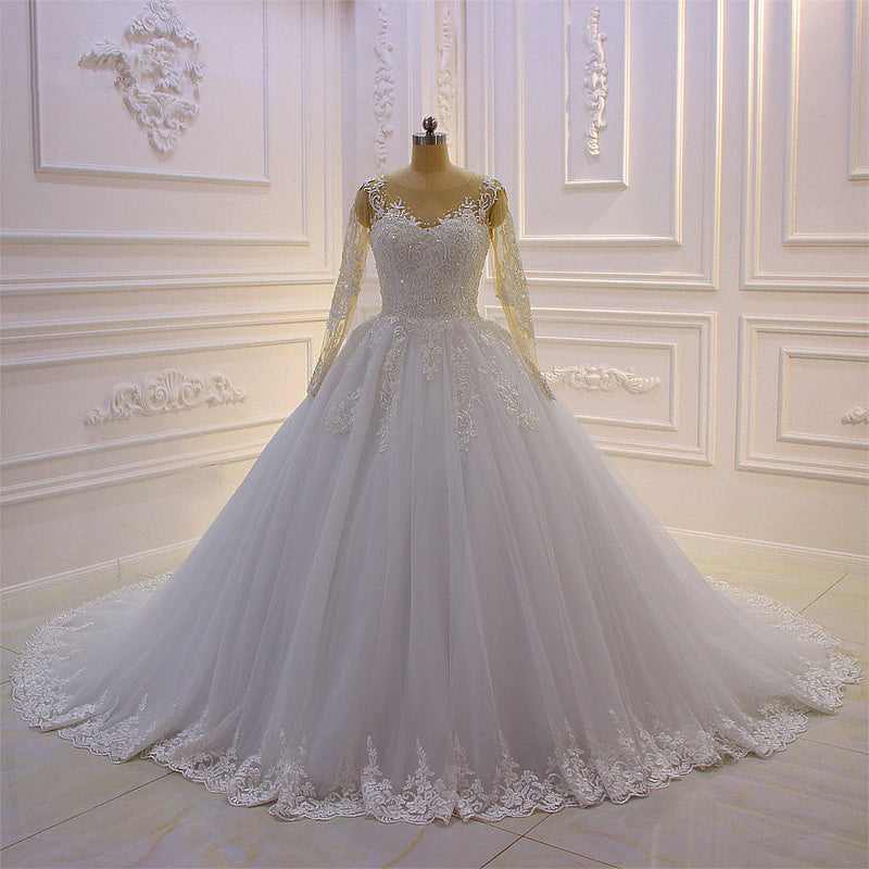 Trendy Sweetheart Long Sleevess Ivory Ball Gown Wedding Dress-Ballbella