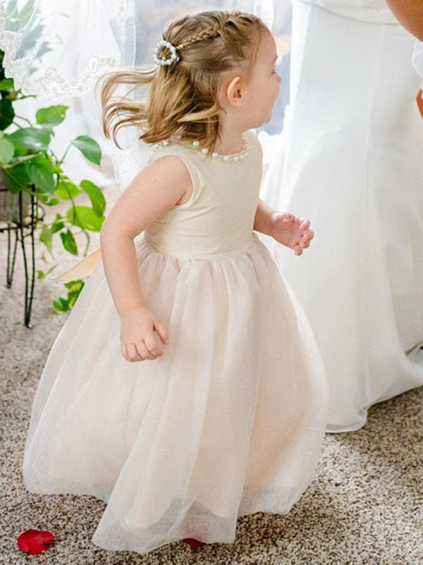 Tulle Champagne Jewel Neck Sleeveless Short Princess Party Dress Kids Sash Pageant Dresses-Ballbella