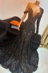 Unique Black Cap sleeves Beaded Mermaid Court Train Prom Dresses-Ballbella