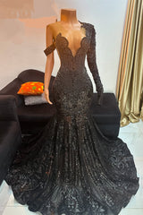 Unique Black Cap sleeves Beaded Mermaid Court Train Prom Dresses-Ballbella