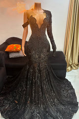 Unique Black Cap sleeves Beaded Mermaid Court Train Prom Dresses-Ballbella