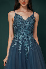 Unique Dusty Blue Tulle A-line Low back Spaghetti-strap Prom Dress-Ballbella