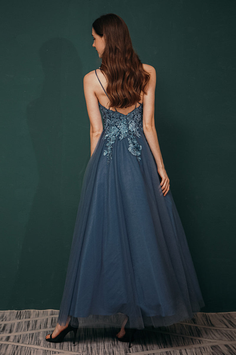 Unique Dusty Blue Tulle A-line Low back Spaghetti-strap Prom Dress-Ballbella