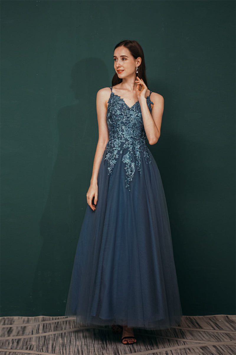 Unique Dusty Blue Tulle A-line Low back Spaghetti-strap Prom Dress-Ballbella