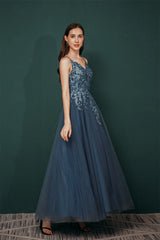 Unique Dusty Blue Tulle A-line Low back Spaghetti-strap Prom Dress-Ballbella