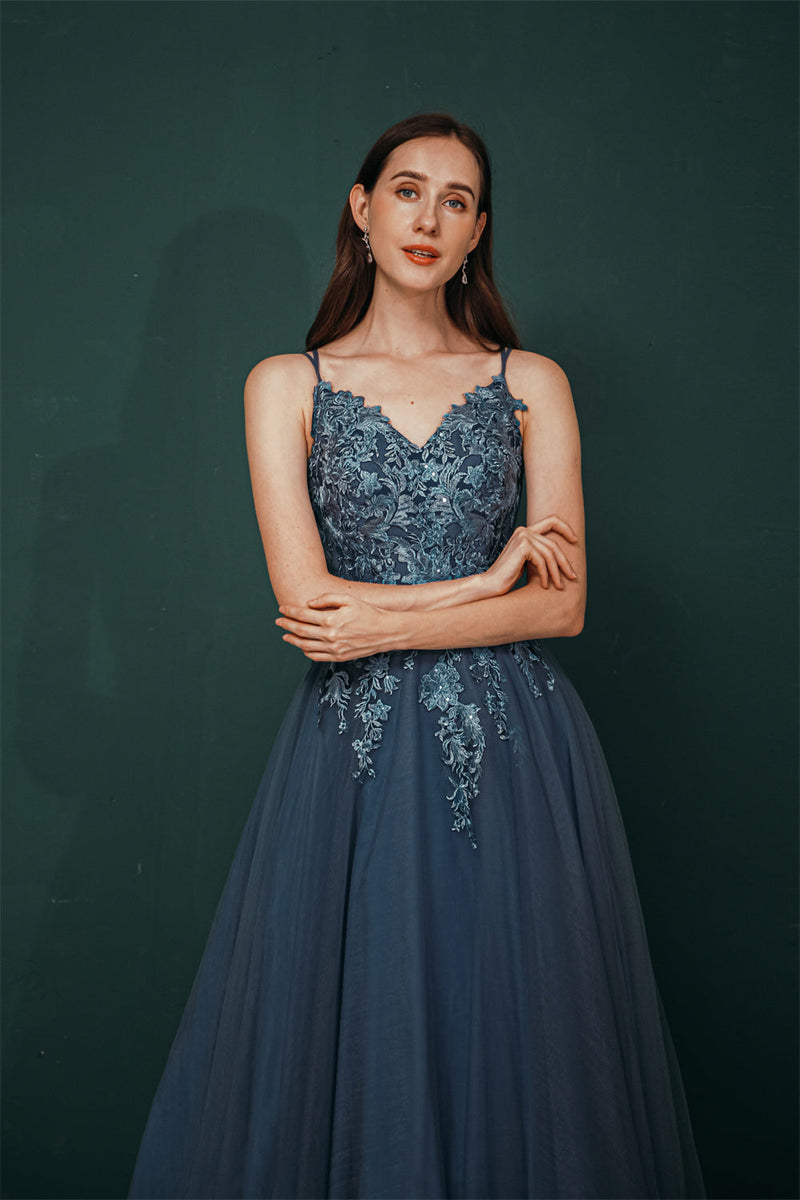 Unique Dusty Blue Tulle A-line Low back Spaghetti-strap Prom Dress-Ballbella