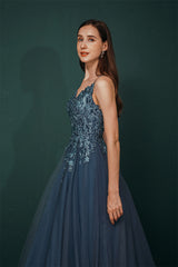 Unique Dusty Blue Tulle A-line Low back Spaghetti-strap Prom Dress-Ballbella