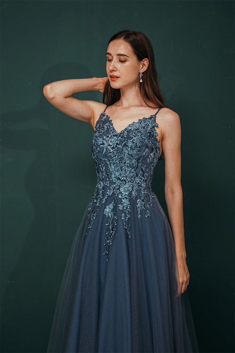 Unique Dusty Blue Tulle A-line Low back Spaghetti-strap Prom Dress-Ballbella