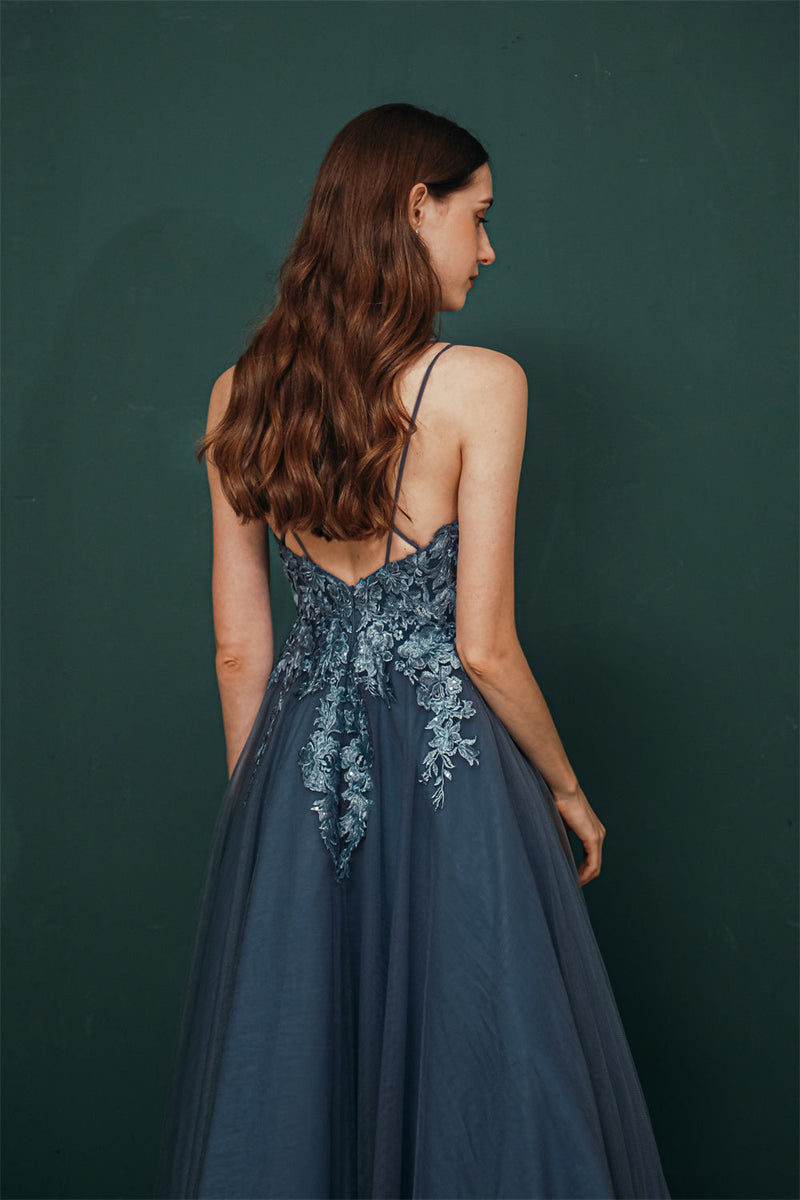 Unique Dusty Blue Tulle A-line Low back Spaghetti-strap Prom Dress-Ballbella