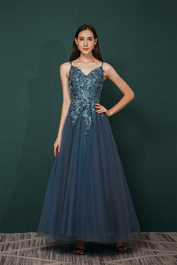 Unique Dusty Blue Tulle A-line Low back Spaghetti-strap Prom Dress-Ballbella