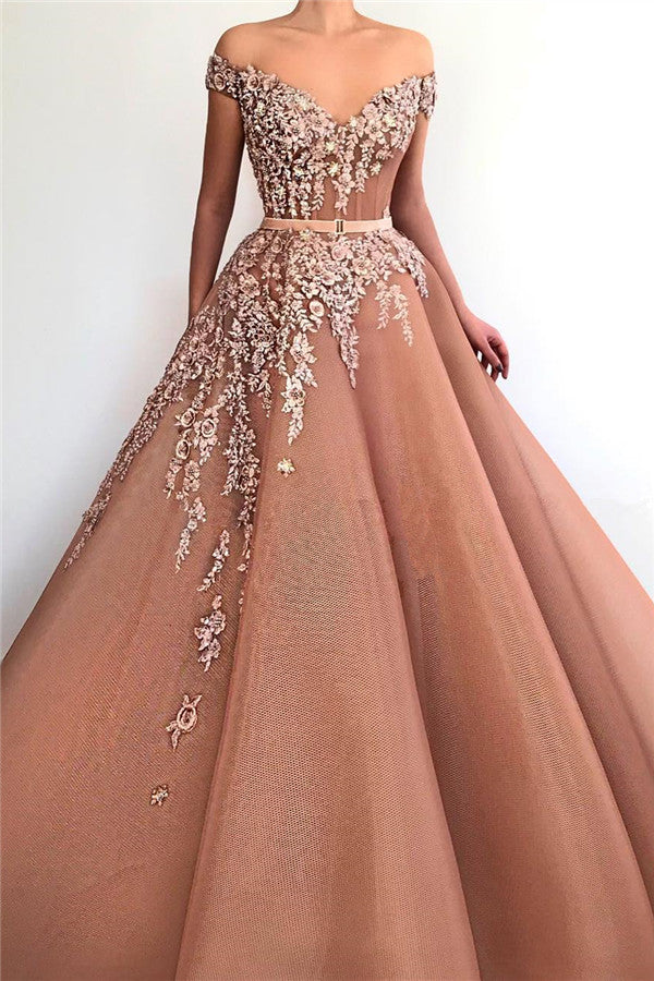 Unique Off-the-Shoulder Sweetheart Long Prom Party Gowns| Chic Ball Gown Applqiues Sleeveless Affordable Prom Party Gowns-Ballbella